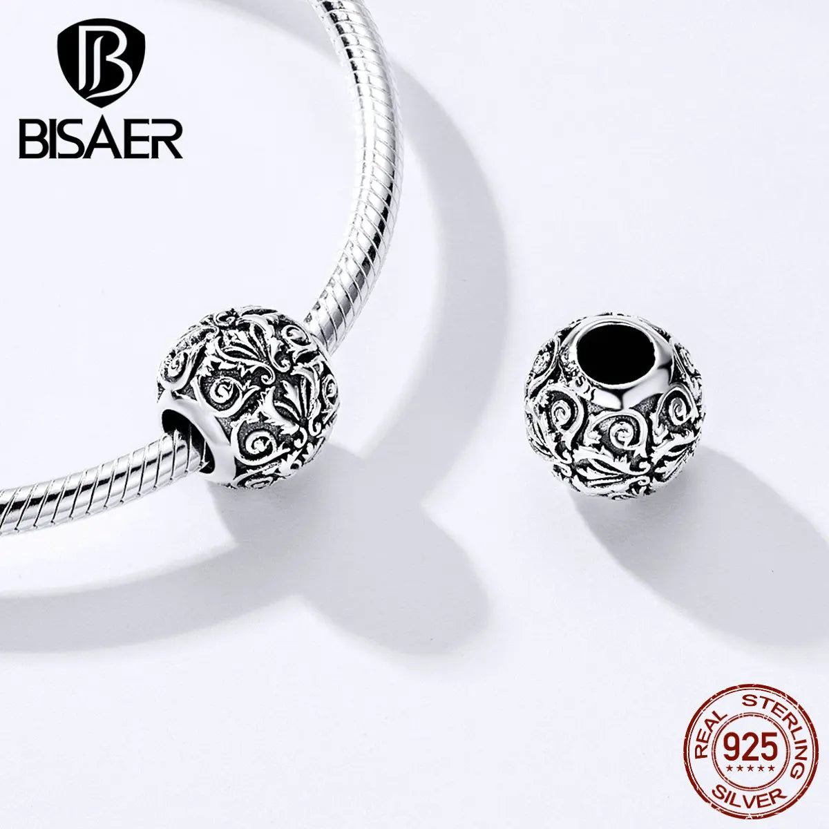 BISAER 925 Sterling Silver Vintage Round Court Charm Perles Coeur Zircon Pendentif Fit Femmes Bracelet Original Fabrication de Bijoux Fins