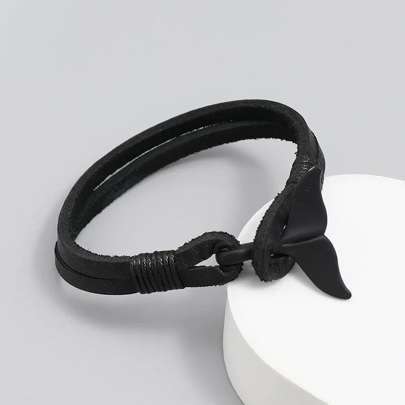 MKENDN Vintage Black Whale Tail Genuine Leahter Bracelet Men Women Fashion Beach Jewelry Summer Punk Style