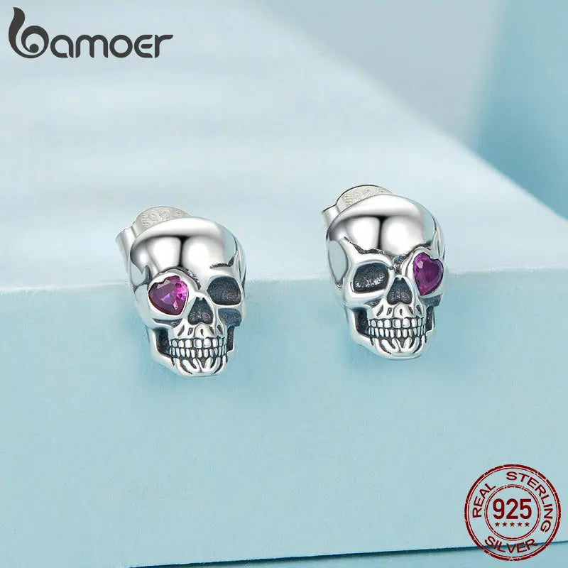BAMOER 925 Sterling Silver Cool Skull Stud Earrings Red Heart-shaped CZ Hypoallergenic Earrings for Women Fine Jewelry SCE1771