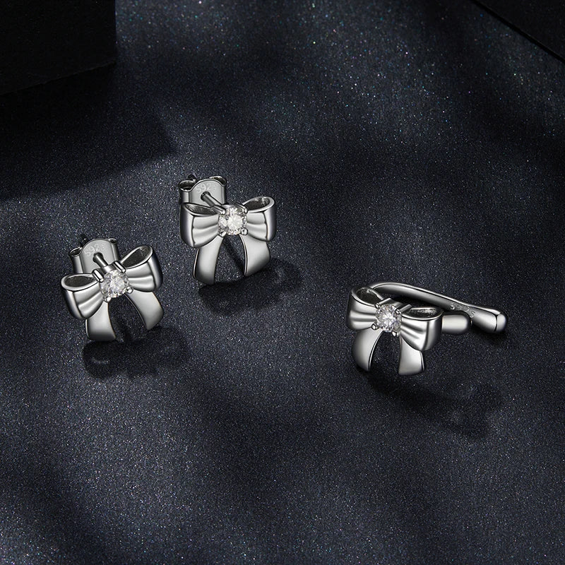 WOSTU Moissanite Bowknot Ear Clips Bow Wedding Stud Earrings For Women s925 Silver Lab Diamond Engagement Jewelry Birthday  Gift