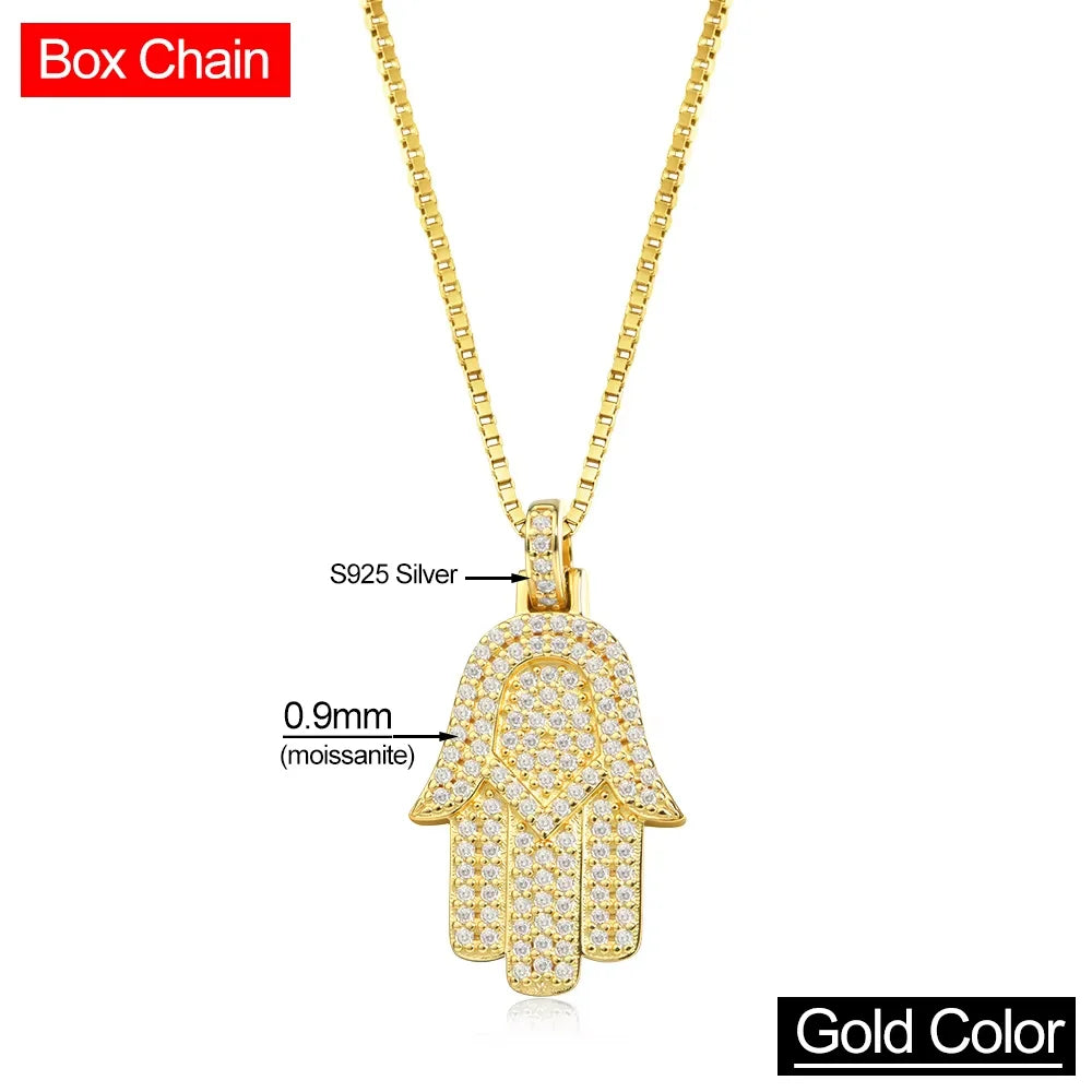 Serenity All Moissanite Necklace for Women Men Gift Hamsa Pendant Neck Chain Pure 925 Silver Hip Hop Jewelry 18K Plated Necklace