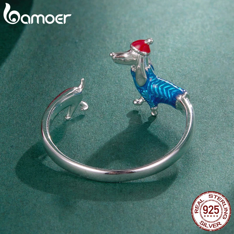 Bamoer 925 Sterling Silber Süßer Weihnachtsring mit Dackelmotiv, offener Ring, verstellbar, farbenfroh, für Damen und Teenager, schönes Weihnachtsgeschenk