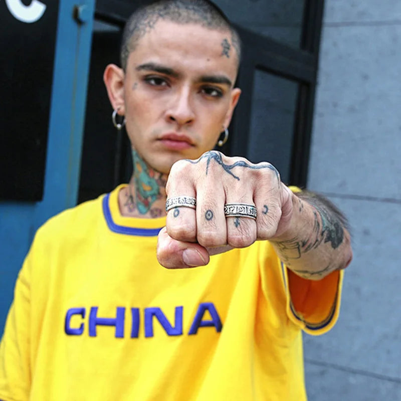 Retro Six Word Admonition Ring For Men Punk Gothic Rock Hiphop Open Ring Unisex Accessories Handmade Designer Jewelry Bless Gift