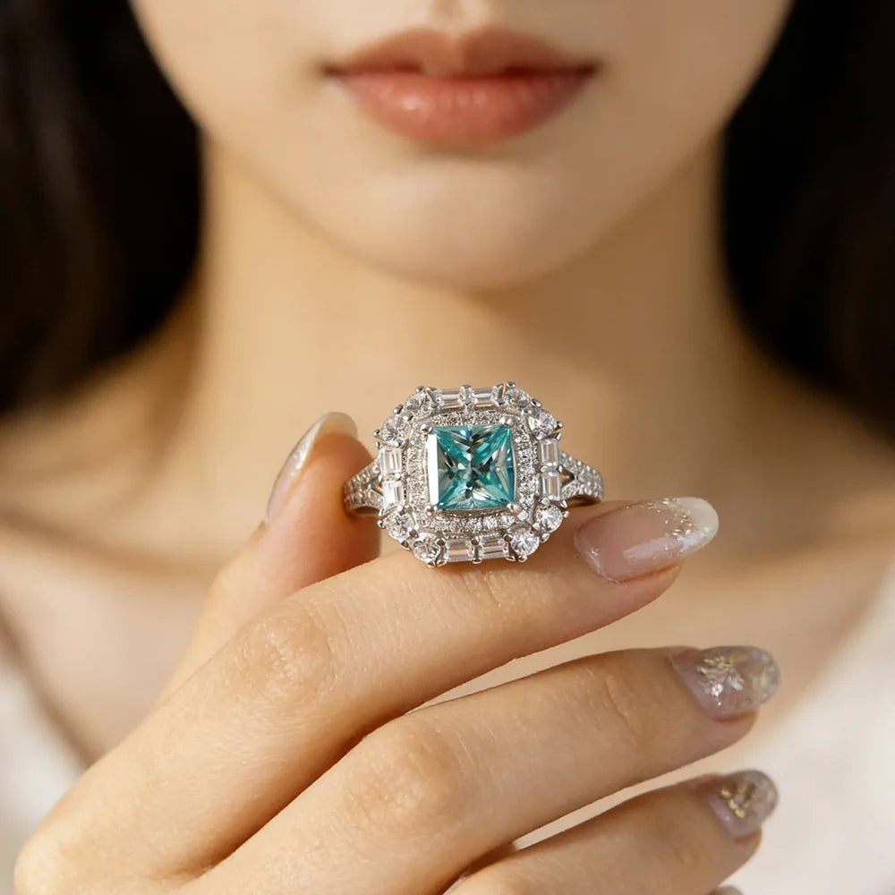 1ct Princess Paraiba Moissanite Rings for Women Gift Solid s925 Silver Blue Green Lab Diamond Eternity Rings Plated 18K Jewelry - Madeinsea©