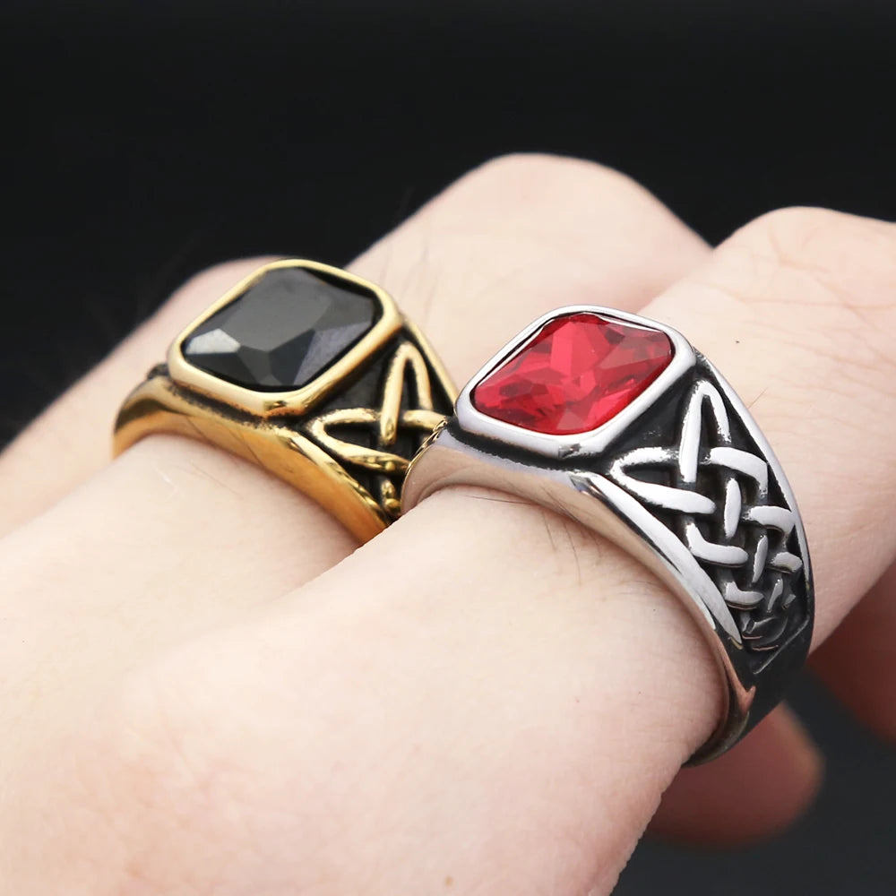 Punk Vintage Square Red Stone Signet Rings For Men Women Stainless Steel Nordic Vikings Knot Rune Ring Fashion Jewelry Wholesale - Madeinsea©