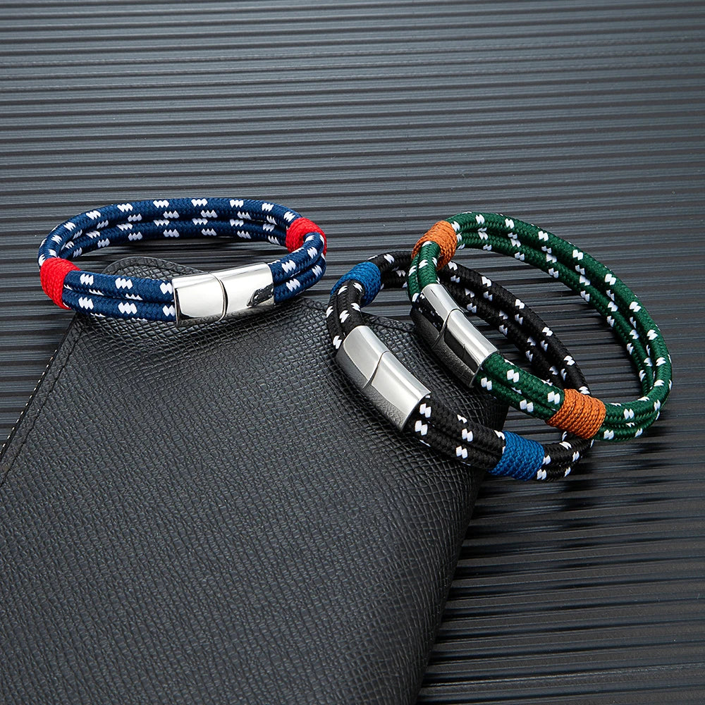 MKENDN Simple Style Men Women Braided Natical Nylon Rope Bracelet Polished Stainless Steel Magnetic Buckle Bracelet Gifts Homme