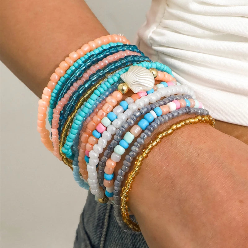17/10Pcs Elastic Beaded Bracelets Bohemian Colorful Beads Stretchy Strand Chain Bangle Girls Summer Beach Party Vacation Jewelry