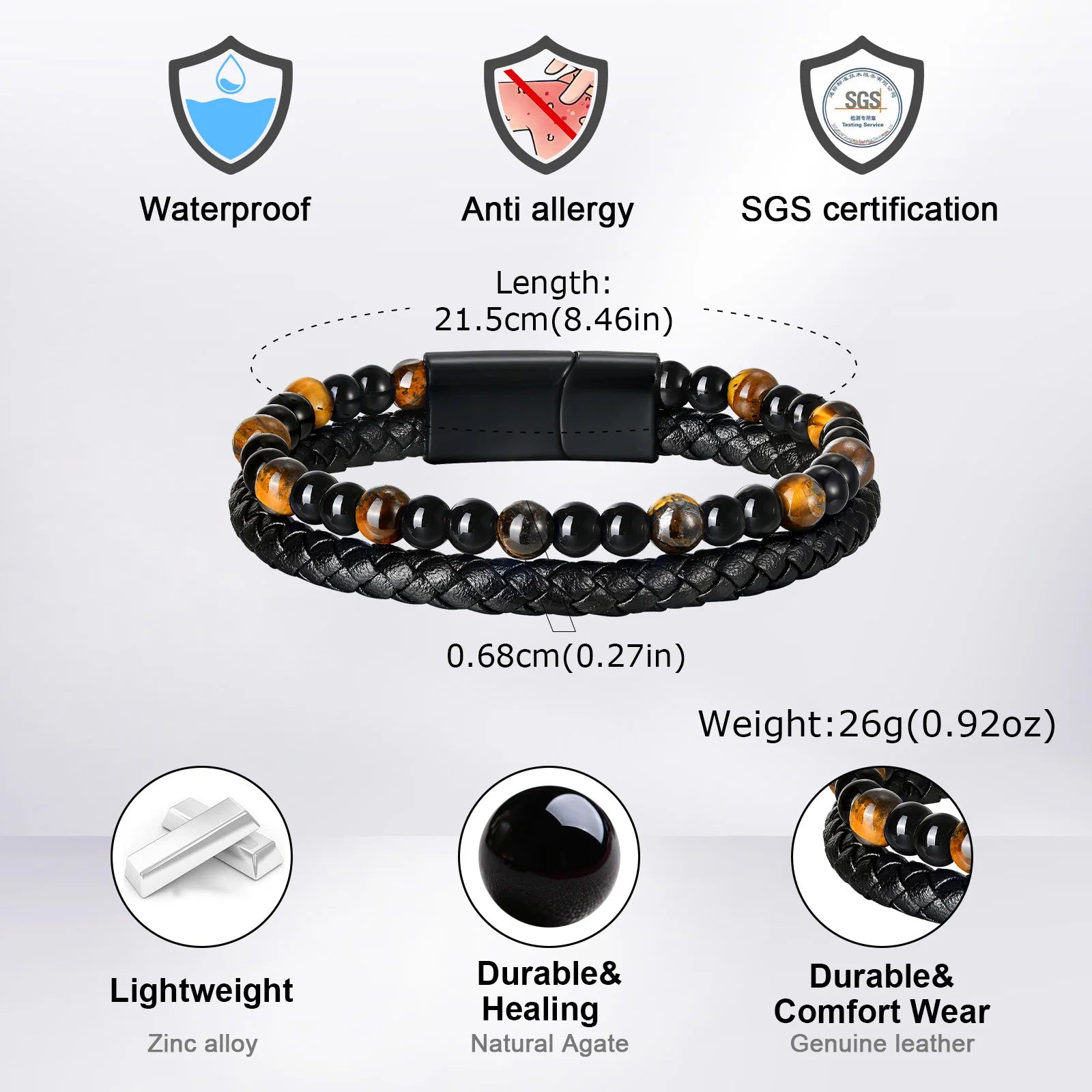 Vnox Tiger Eye Stone Bracelet Men, Blue Black Beads Bracelets, Black Braided Leather Bangle Gift for Dad Fathers Day - Madeinsea©