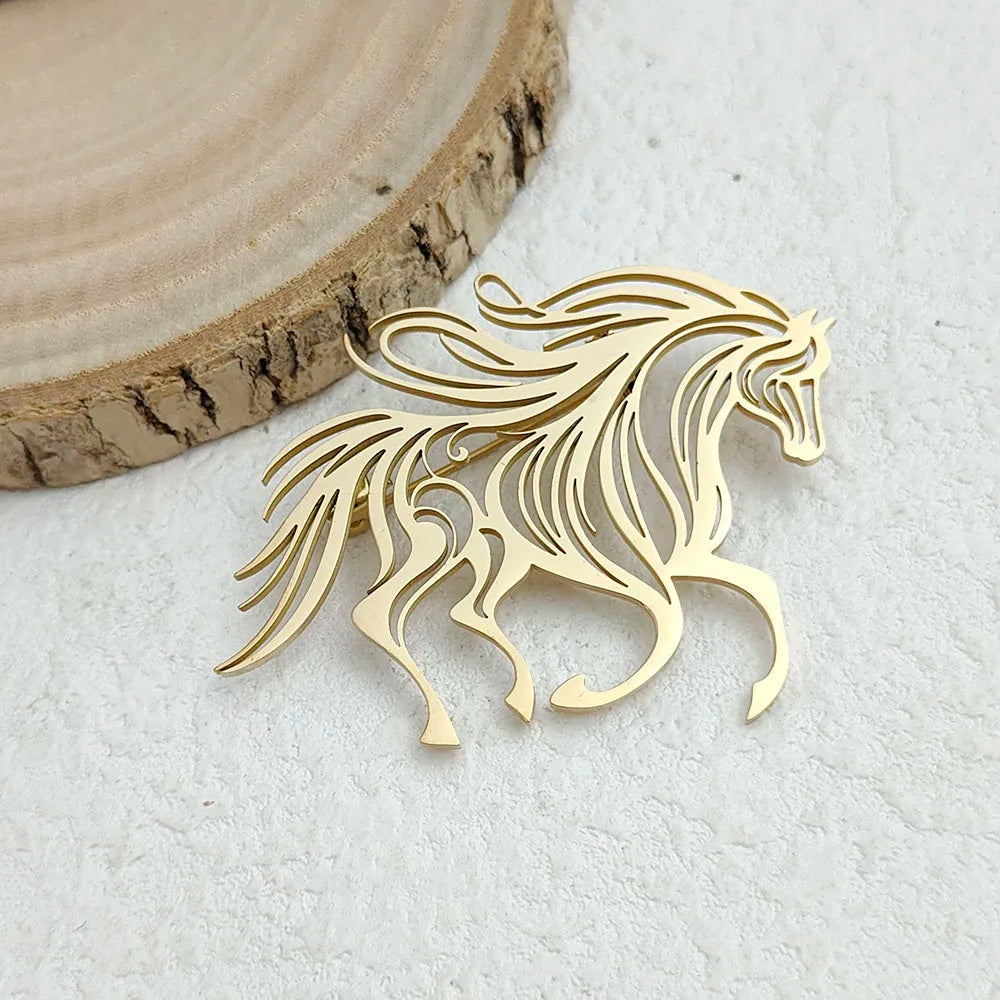 Original innovative running horse hollow stainless steel gold-plated 18K brooch, suit lapel pin, waterproof formal fittings