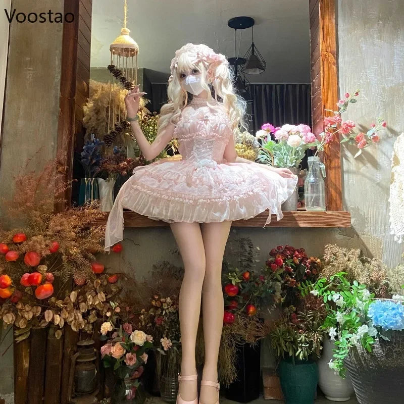 Japanese Gothic Lolita Princess Dress Women Kawaii Lace Ruffles Bow Bandage Slim Party Dresses Girls Y2k Elegant Cute Mini Dress