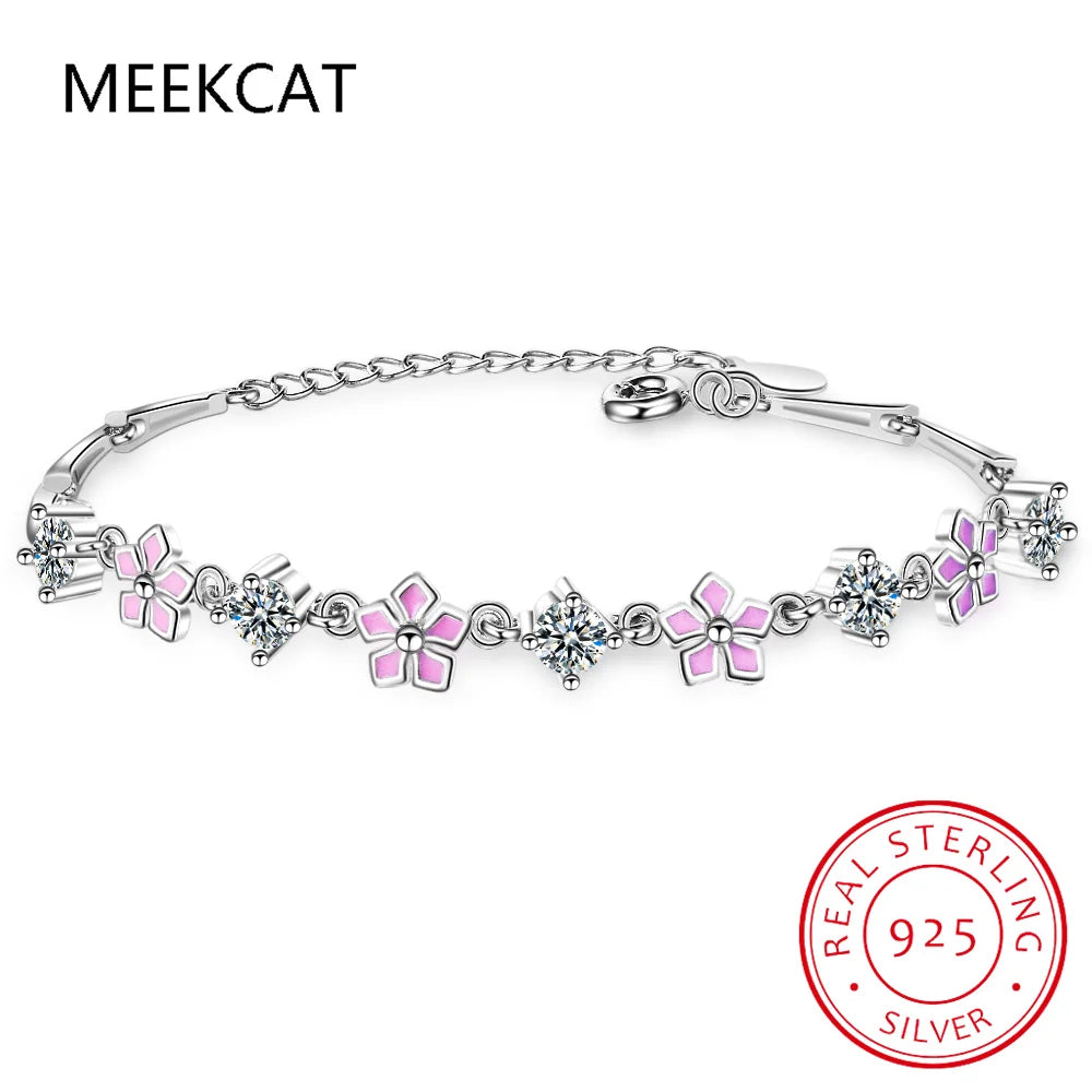 Bracelet en argent sterling 925 et pierres précieuses moissanite pour femme, orné de diamants de laboratoire et d'émail rose Sakura, cadeau idéal pour des fiançailles ou une fête.