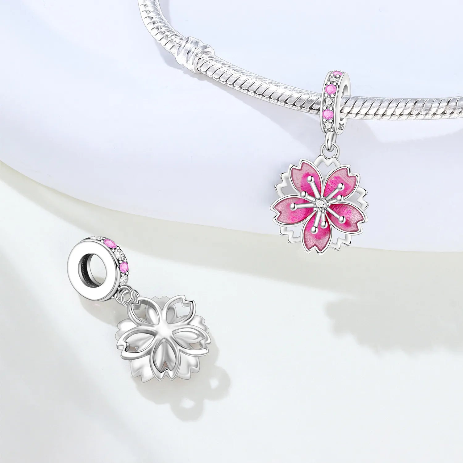 PANPOKI 925 Sterling Silver Rotating Cherry Blossom Flower Beads Original Pendants Bracelet Charm Jewelry Party DIY Trendy Gift