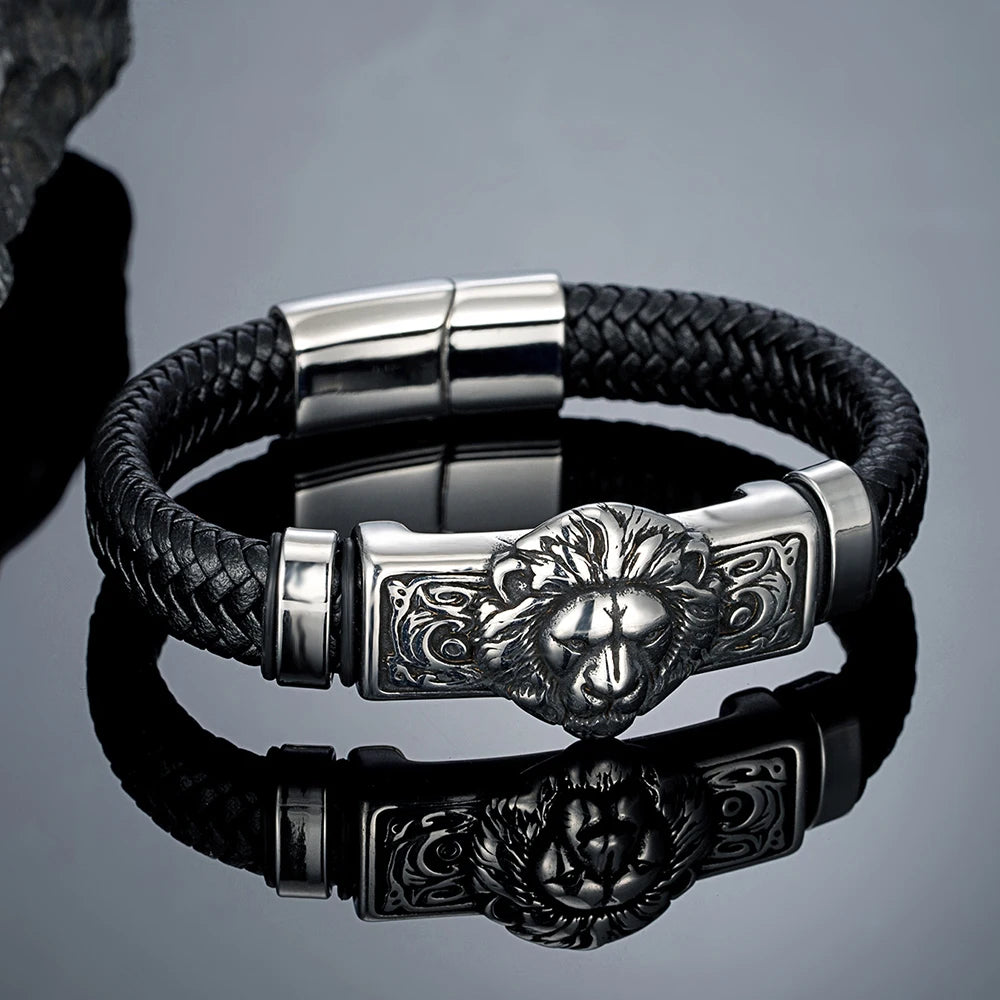 MKENDN Punk Lion Men Braided Genuine Black Leather Bracelet Stainless Steel Magnetic Buckle Bracelet Gifts Homme Pulseras