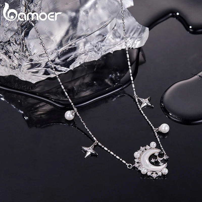 BAMOER White Gold Plated Crescent Moon Necklace with Pearl, High Quality Statement necklace for Women Unique Design Jewelry