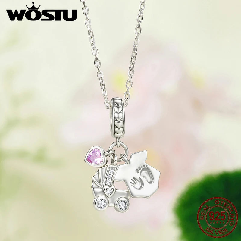 WOSTU 925 Sterling Silver Warm House Charm Baby Family Bear Pendant Love Cute Fit Original Bracelet&Necklace Fine Jewelry Gift