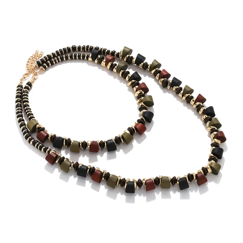 Zvoijio New 2025 Handmade Geometric Wood Beaded Resin Chain Necklace