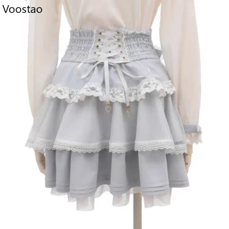 Japanese Sweet Lolita Style Mini Skirt Women Elegant Bow Pearl Chain Party Cake Skirts Female Gothic Y2k Lace Ruffle Short Skirt