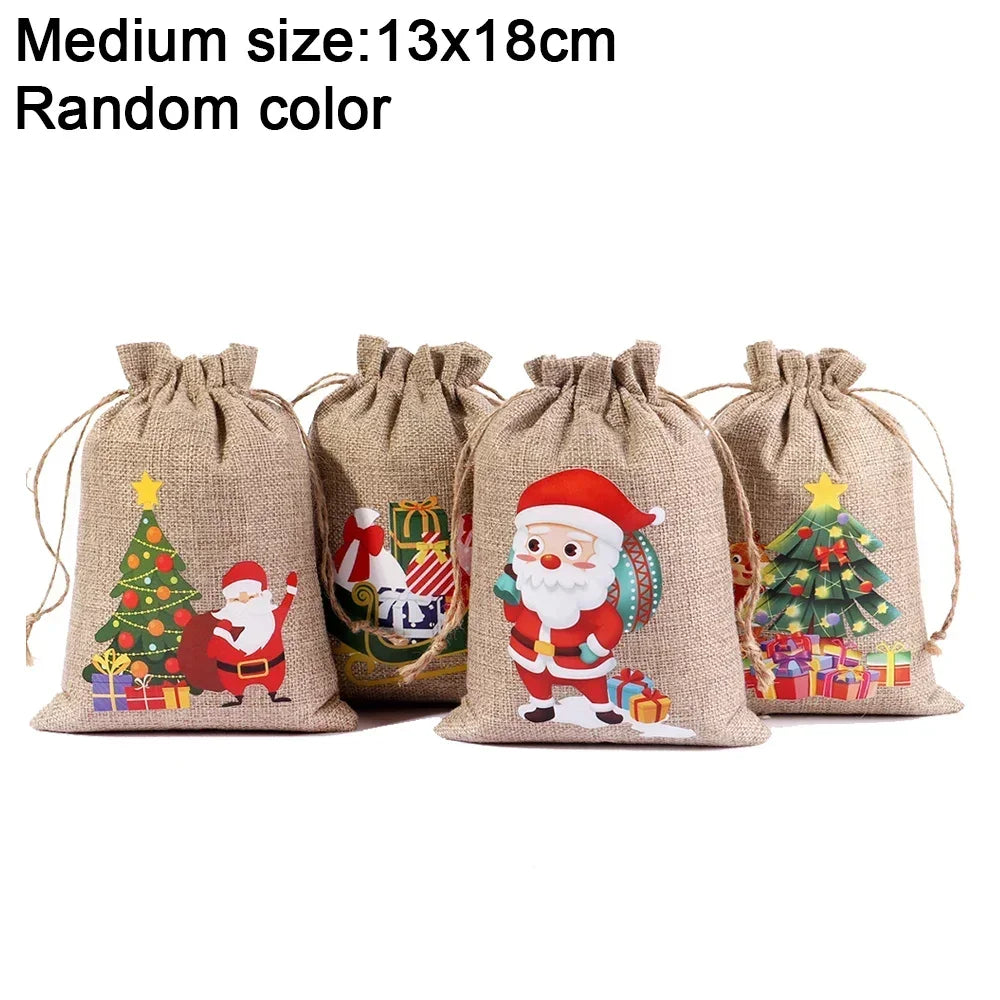 1/30PCS Christmas Linen Drawstring Bags Candy Biscuits Pouchs Burlap Bracelet Jewelry Storage Bags Xmas Kids Gift Packaging Bags