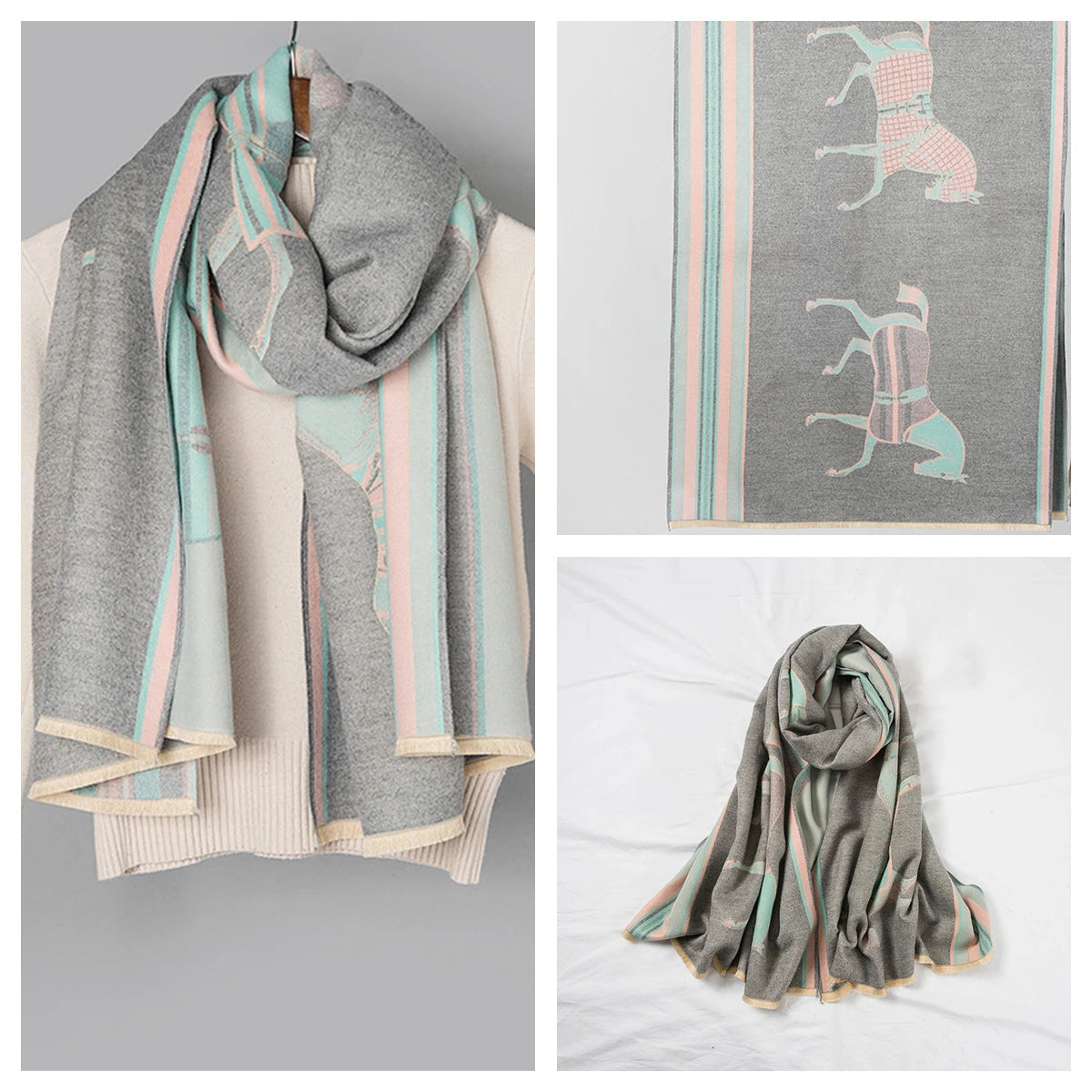Women's Autumn Winter Horse Pattern Scarf New Luxury Cashmere Feeling Large Blanket Wrap Soft Warm Brand Shawl Retro & Classical - Madeinsea©