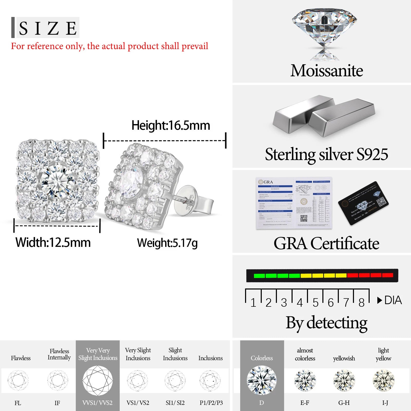 Orginal Silver 925 Stud Earrings for Men Women Luxury D Color Moissanite GRA Certified Push Back HipHop Wedding Jewelry Gifts