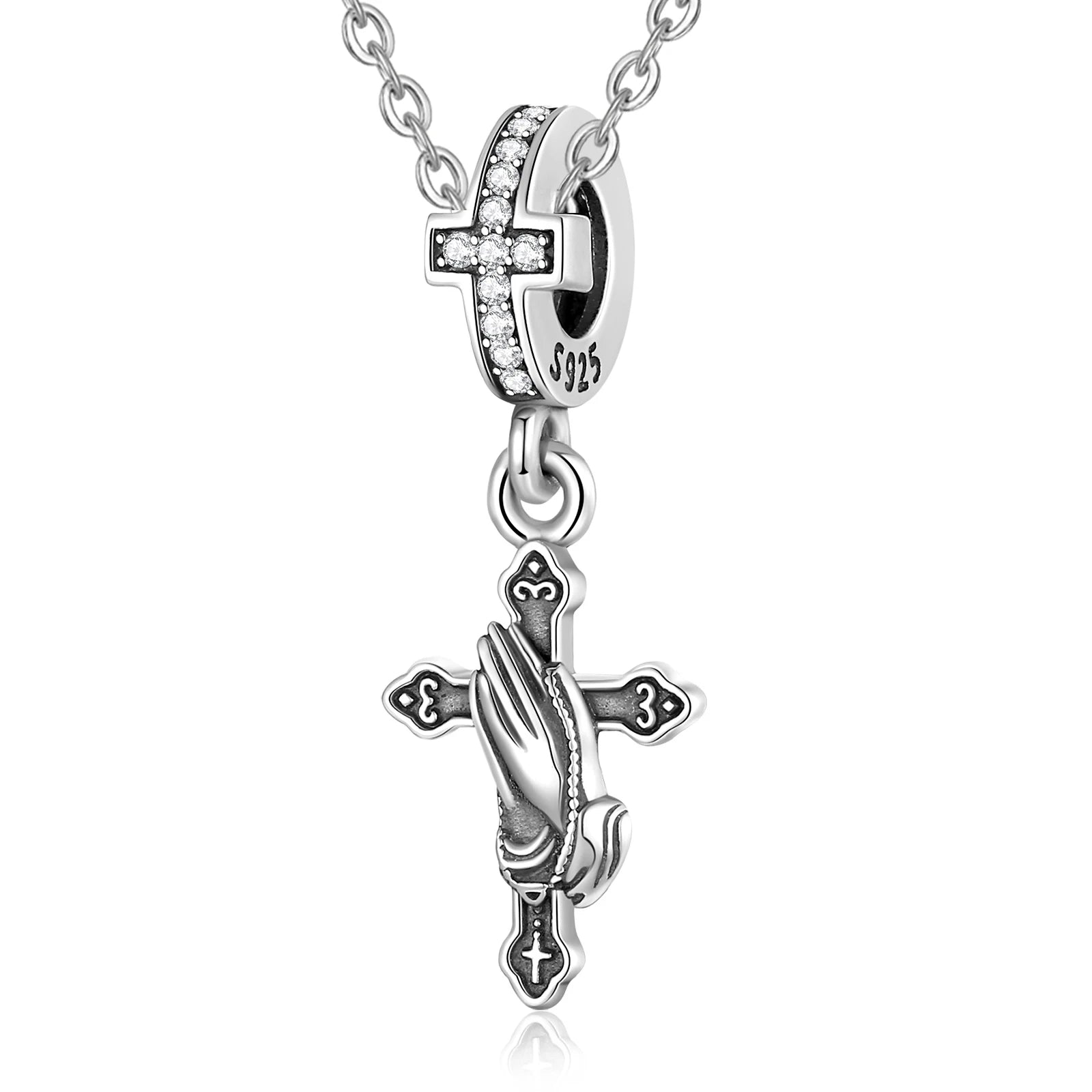 Eudora 925 Sterling Silver Vintage Cross Prayer Hands Pendant Necklace DIY Zircon Christianity Religious Jewelry for Women Men