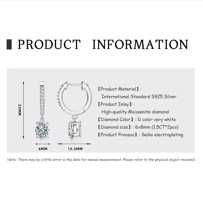 OXTAO Hoop Earings 100% 925 Sterling Silver Oval Cut D Moissanite Drop Dangle Earrings Huggie Wedding Jewelry Gift Wholesale
