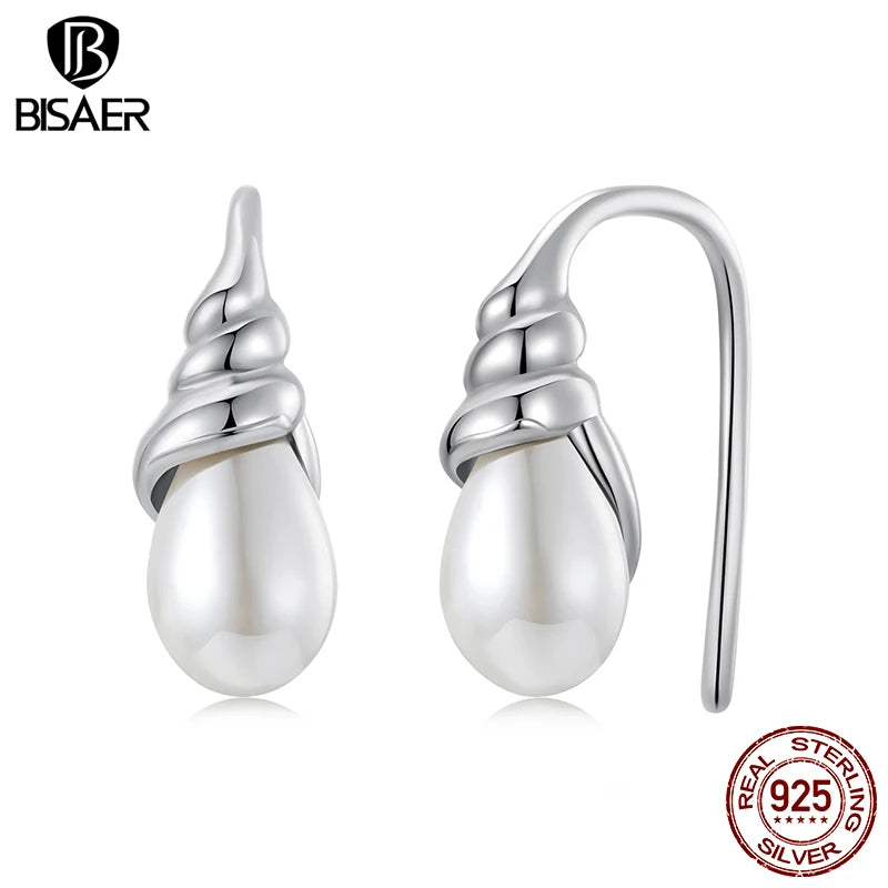 Boucles d'oreilles à tige en coquillage de conque en argent sterling 925 BISAER Boucles d'oreilles en perles de coquillage plaquées or blanc pour femmes Bijoux fins de fête Cadeau