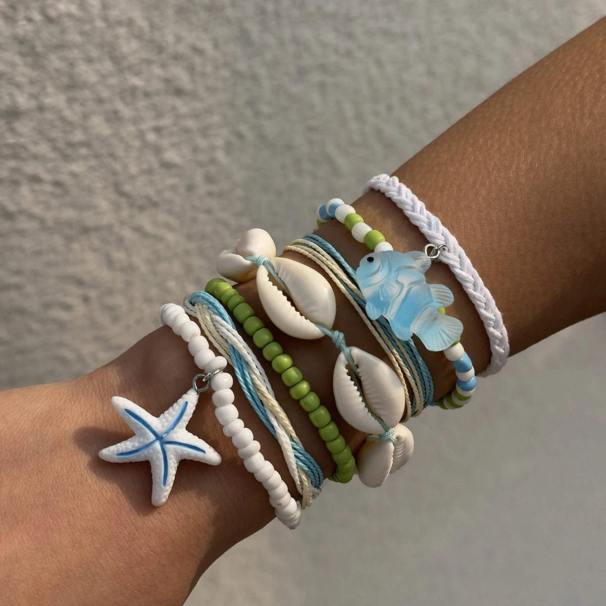Tocona Bohemian Resort Style Shell Beaded Weaving Bracelet Beach Style Starfish Rice Beads Seven Piece Set for Women 25134 - Madeinsea©