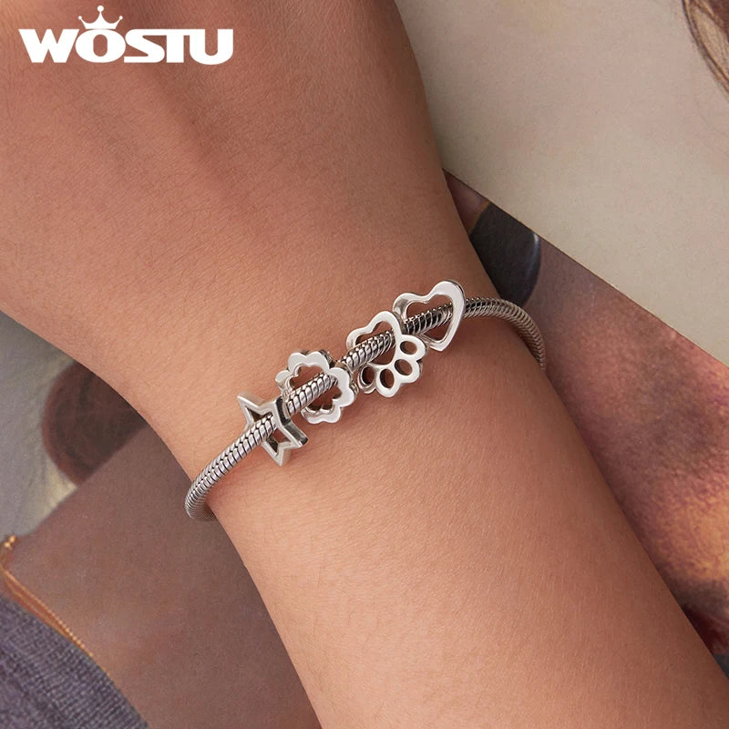 WOSTU 925 Sterling Silver Adjustable Basic Heart Bangle Bracele Pet paw Hollow Charms Star Heart Beads Original DIY Jewelry Gift