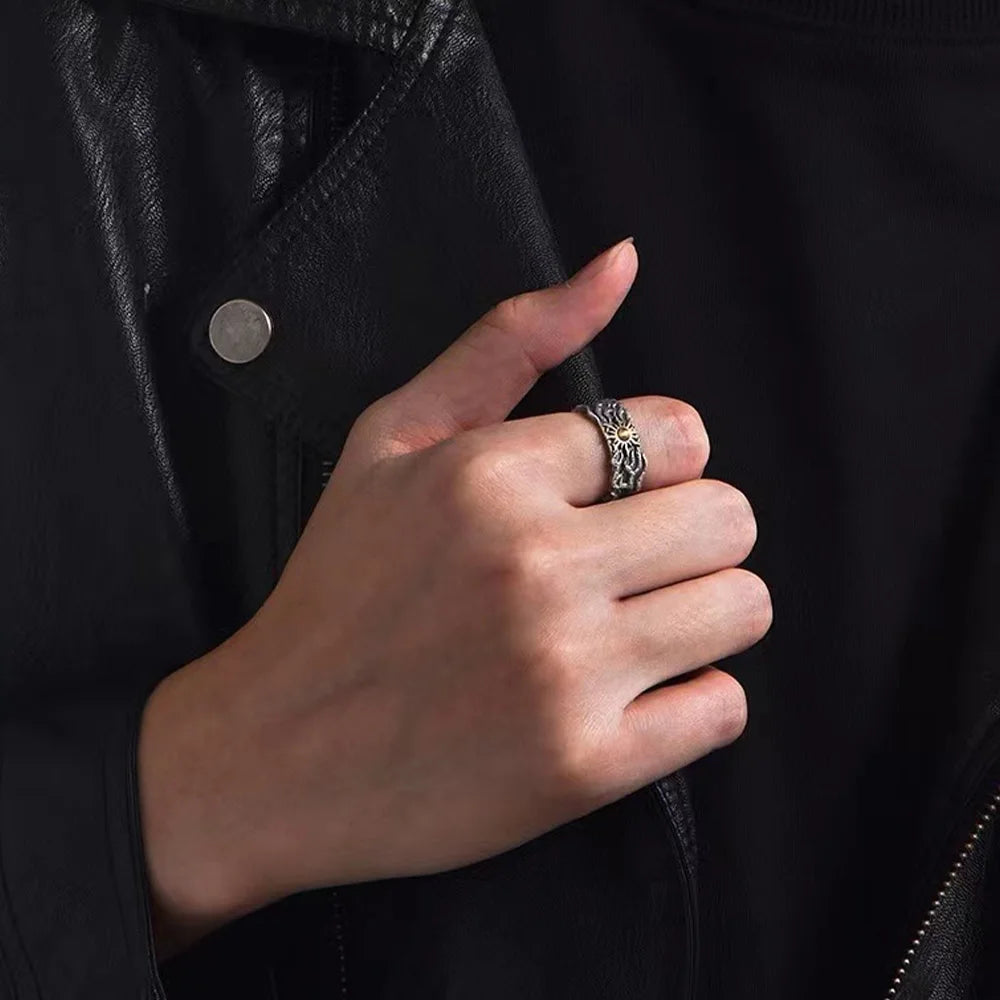 Retro Golden Sun Ring For Men SIlver Color Punk Gothic Trendy Open Ring Handmade Designer Jewelry Unisex Accessories Lovers Gift