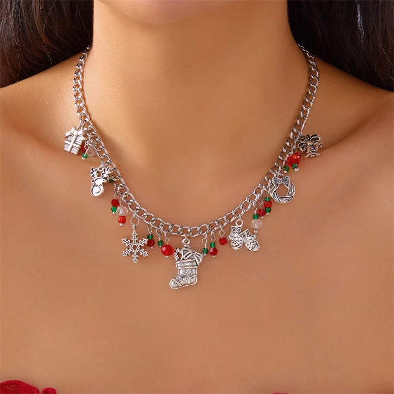 Fashion Christmas Metal Chain Necklace For Women Crystal Zircon Elk Santa Claus Snowman Bell Xmas Tree Pendant Choker Jewelry