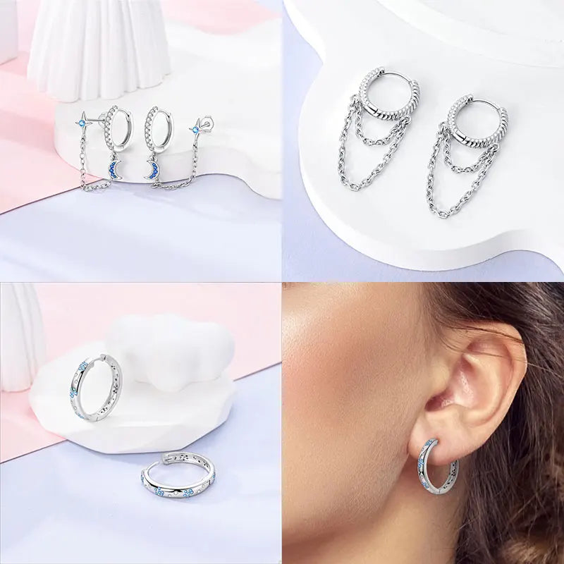Ear Ring Series 925 Sterling Silver Star Moon Unicorn Tulip Flower Butterfly Bee Geometry Earrings Ladies Pairing with Jewelry