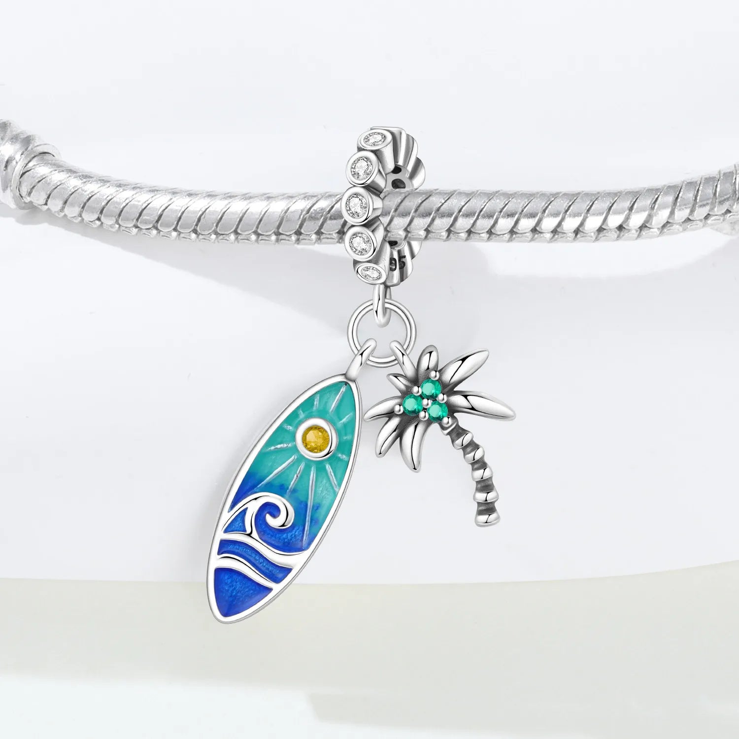 PANPOKI 925 Sterling Silver Surfboard Coconut Tree Pendant Charms Beads Fit Bracelet DIY Party Trendy Gift Jewelry Accessory