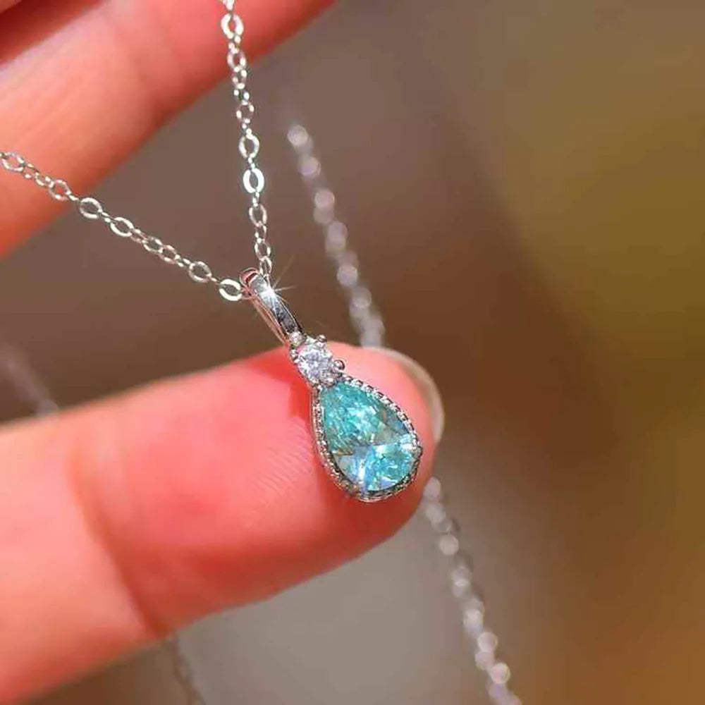 Serenity 1ct Pear Paraiba Blue Moissanite Pendant Necklace for Women 100% S925 Sterling Silver Neck Chain Plated 18K Jewelry GRA