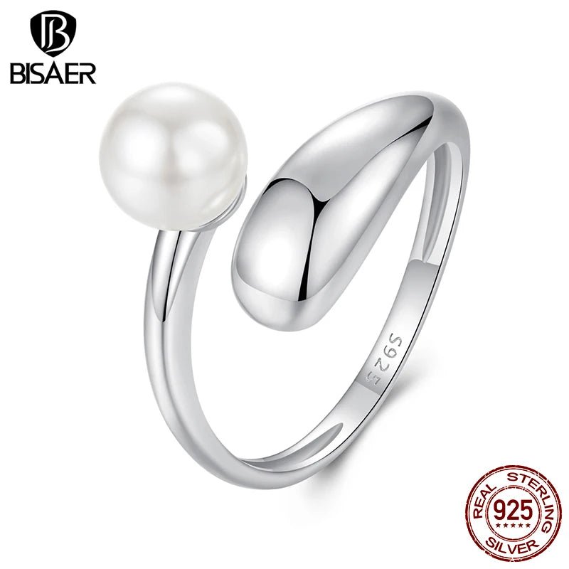 BISAER 925 Sterling Silver Pearl Open Ring Minimalist Metal Adjustable Band Plated White Gold for OL Women Party Fine Jewelry