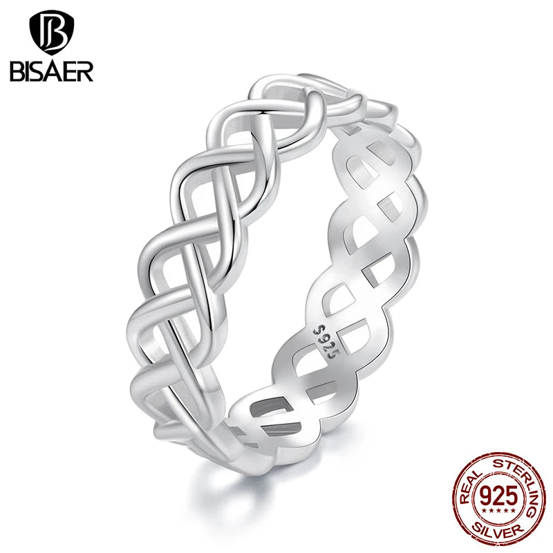 BISAER Bague tissée creuse en argent sterling 925 minimaliste plaqué or blanc pour femme, bijoux fins, cadeau de fête