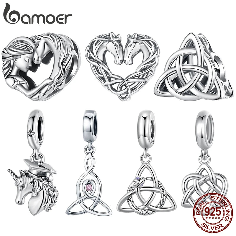 BAMOER 925 Sterling Silver Double Horse Celtic Knot Beads Retro Heart Charm for Women Necklace Pendant DIY Jewelry Accessories