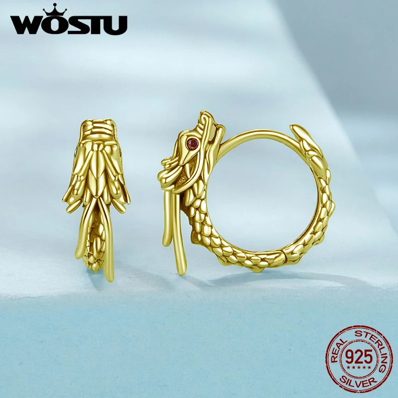WOSTU Vintage 925 Sterling Silver Dragon Hoop Earrings Women 18K Gold Lucky Gothic Animal Dragon Punk Hoops Cool Birthday gift