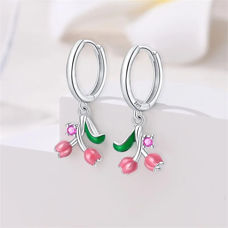 Springtime Earring For Women 925 Sterling Silver Bee Magritte Flower Butterfly Double Hoop Earrings Jewelry Fine New Year Gift