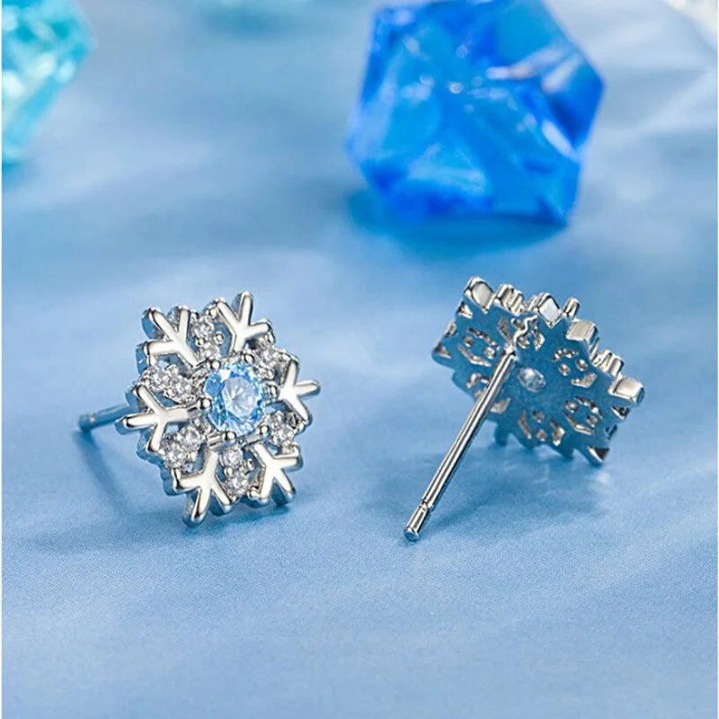 925 Sterling Silver Earrings Blue Zircon Snowflake Earrings For Women's Charm Jewelry Christmas Gift