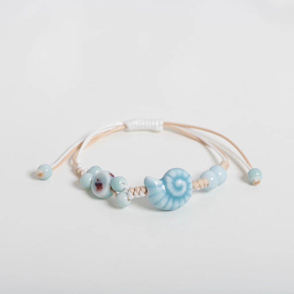 Handmade Blue Snail Shell Ceramic Bracelet Adjustable Handwoven Boho Jewelry for Women & Men - S02-005