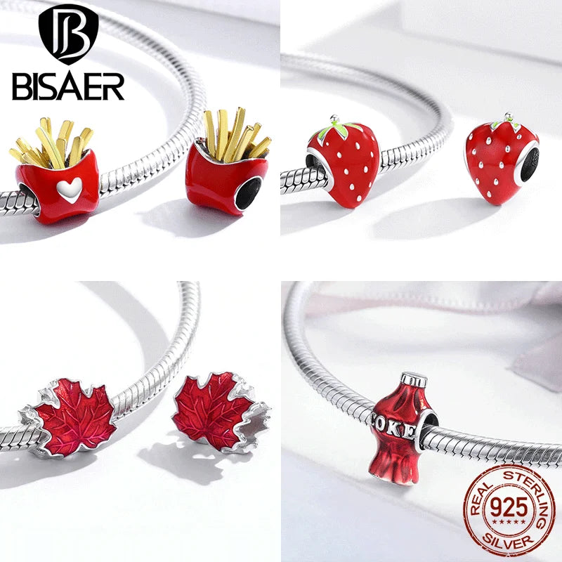 BISAER 925 Sterling Silver Red Wine Glass Rose Charm Bead Cherry Fruit Pendant Fit Girl Bracelet&Necklace DIY Fine Jewelry Gift