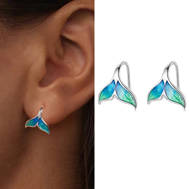 WOSTU Ocean Jewelry 925 Sterling Silver Blue Turtle Green Conch Stud Earrings Women Rainbow Mermaid Ear Hoops Beach Holiday Gift
