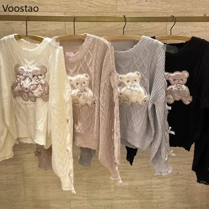 Sweet Lolita Cartoon Plush Bear Bunny Knitted Pullovers Women Harajuku Bow Pearl Ribbon Sweaters Japanese Girls Knitwear Tops - Madeinsea©