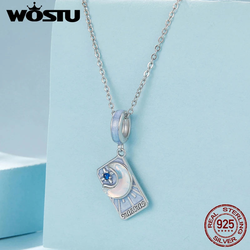 WOSTU 925 Silver Sun Moon Star Tarot Cards Charm Red Queen Tarot Pendant Fit Original DIY Bracelet Necklace Birthday DIY Jewelry
