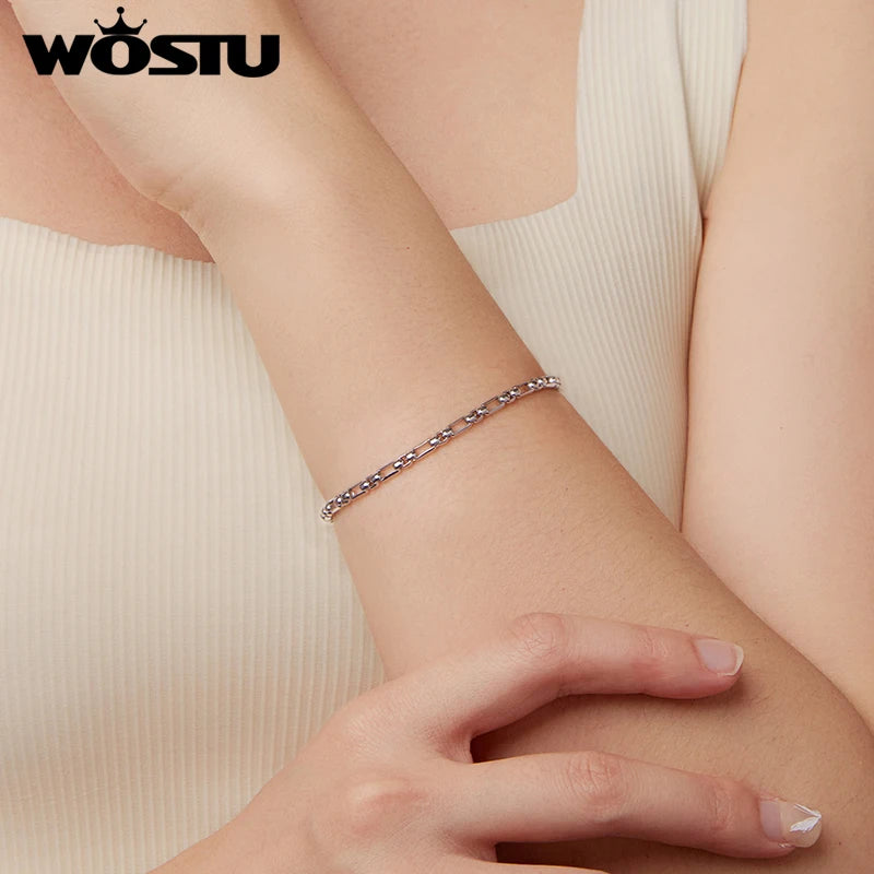 WOSTU Solid 925 Sterling Silver Thick Round Box Chain Bracelet For Women s925 Charm Bead Bracelets Jewelry Making Birthday Gift