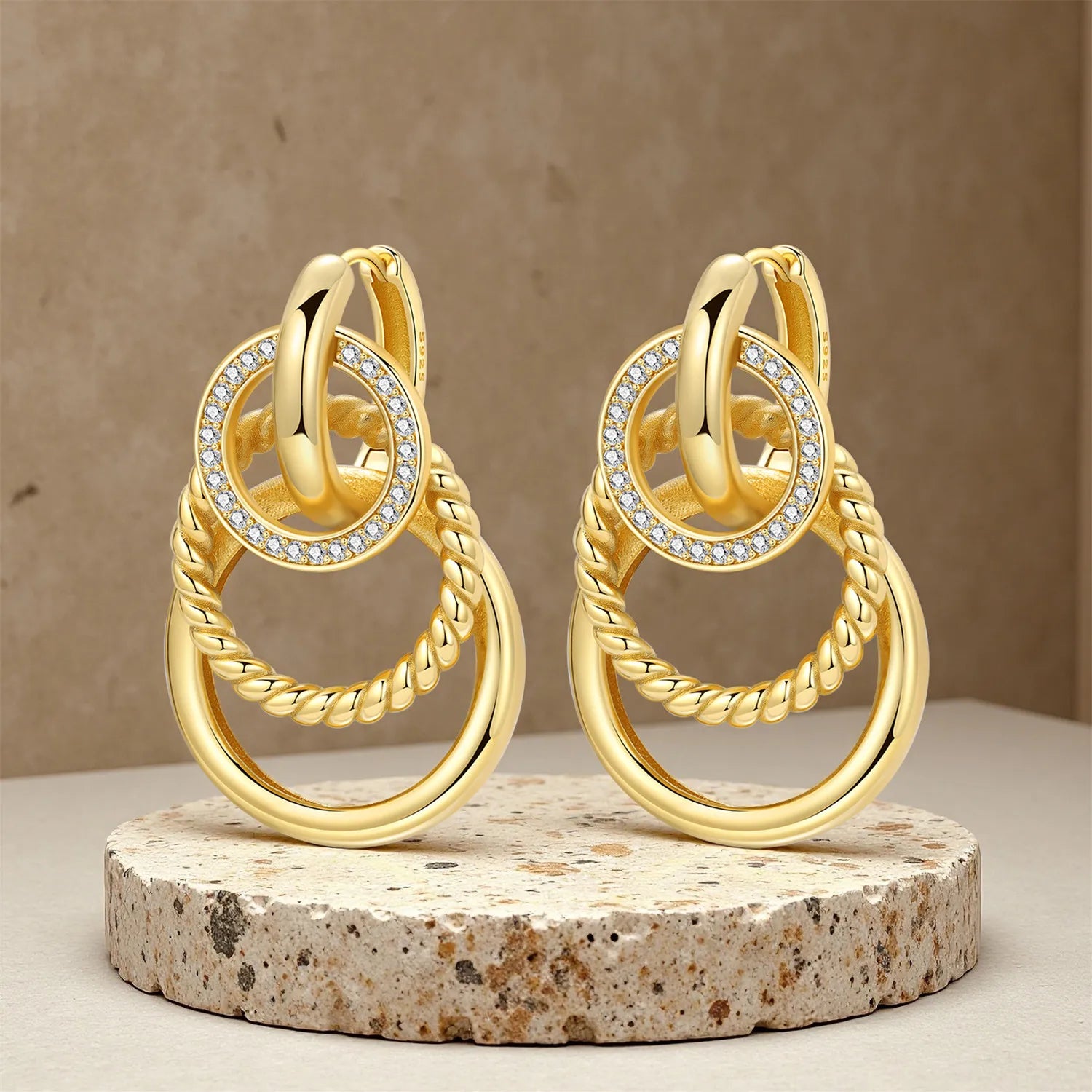 PANPOKI 925 Sterling Silver 18k Gold Elegant French 3-layer Drop Earrings Women Earrings Fashion Party Original Jewelry Gifts