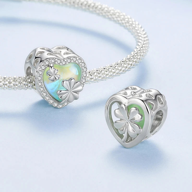 WOSTU 925 Sterling Lucky Green Four-leaf Clover Charm Pink Heart Pendant Faith Cross Bead Fit Bracelet Necklace Gift mom Family