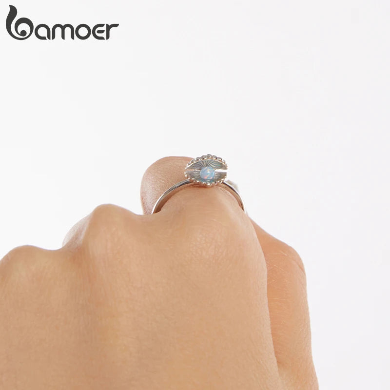 BAMOER 2025 Solid 925 Sterling Silver Iridescent Shell Adjustable Rings Lovely Open Ring Jewelry for Women SCR1119-E