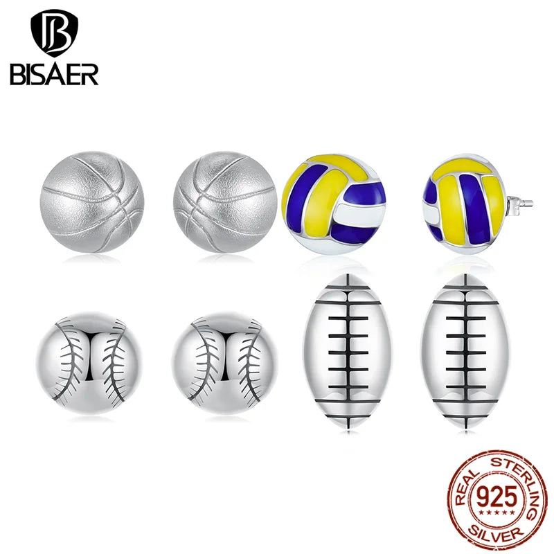 BISAER 925 Sterling Silver Ball Stud Earrings Basketball Baseball Football Volleyball Stud Ear for Women Party Fine Jewelry Gift